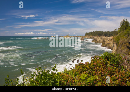 Cape Arago Lighthouse on the Pacific Ocean coast along the Cape Arago Highway in Oregon Stock Photo