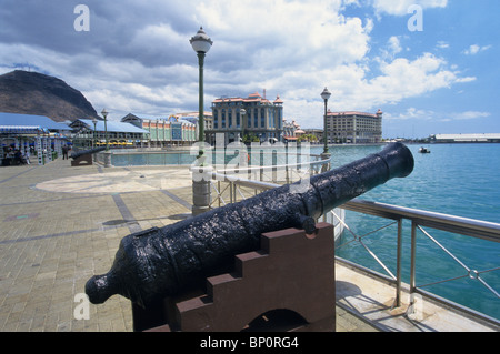 Old canon displayed on Caudon waterfront, Port Louis harbor. Mauritius Island. Indian Ocean Stock Photo