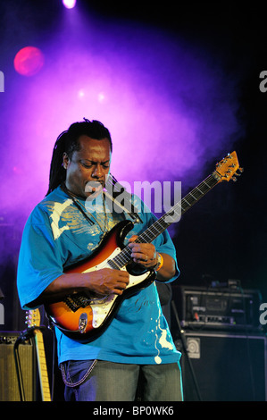 Lead guitarist with the Booker T. Jones band plays solo break. Main stage marquee. Maryport Blues Festival, 2010. England Stock Photo