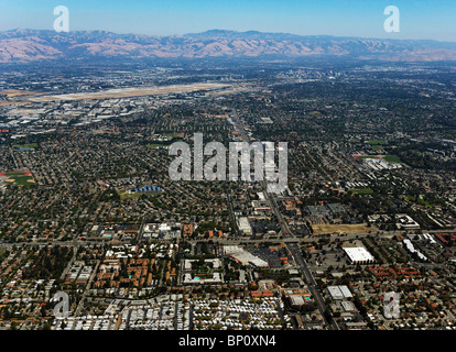 aerial view above Silicon Valley toward San Jose airport and downtown San Jose