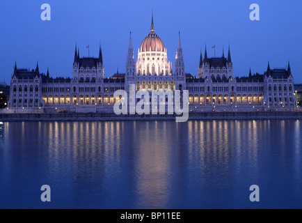 Hungarian Parliament Building (Orszaghaz) and River Danube at night from Batthyany ter Budapest Hungary Stock Photo