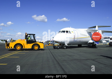 Antonov An-158 on tow at Farnborough Airshow Stock Photo