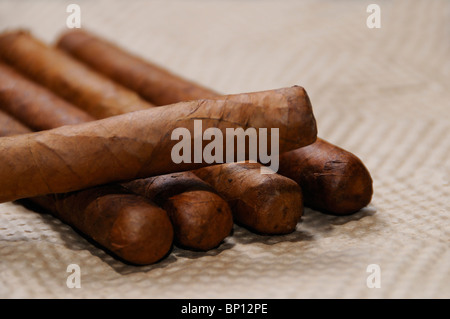 Bunch of typical handmade cuban cigars with soft focus Stock Photo