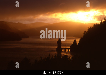 Lake Vyrnwy and Straining Tower at sunset Powys Wales UK Stock Photo