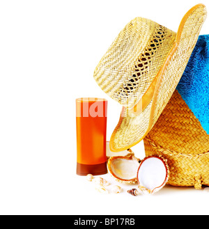 Beach items isolated on white conceptual image of summertime vacation Stock Photo