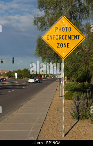 'Photo Enforcement Zone' sign warning of photo enforcement of speed laws ahead - El Mirage, near Phoenix, Arizona, USA