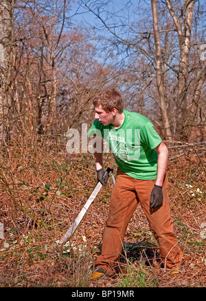This young Caucasian man in his early twenties is working hard to clear brush off the land with a machete knife. Stock Photo
