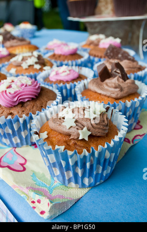 iced muffin cakes food decorated decoration sponge mini fairy heart stars chocolate swirl frosting Stock Photo