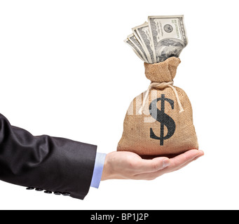 A hand holding a money bag with US dollar Stock Photo