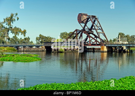 Trestle Draw Bridge across Middle River in Central Valley Delta Region, California. Summer morning. Stock Photo