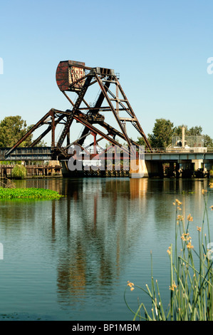 Trestle Draw Bridge across Middle in Central Valley Delta Region, California. Summer  morning. Stock Photo
