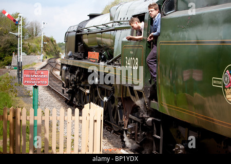 'Eddystone' steam locomotive working on the Swanage Railway.England, rural train service, stopped at Corfe village station Stock Photo