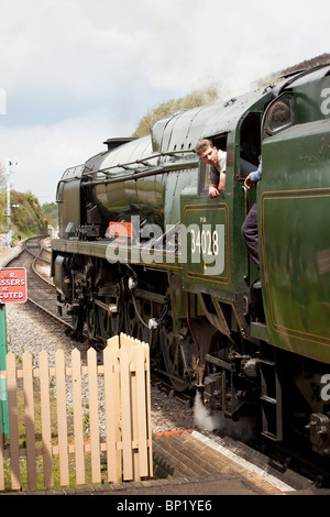 'Eddystone' steam locomotive working on the Swanage Railway.England , rural train service, stopped at Corfe village station Stock Photo