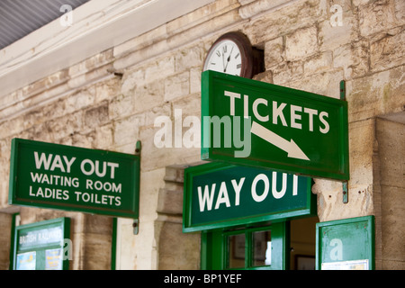 Platform signs at Corfe castle Railway station, a rural railway station uk . Stock Photo