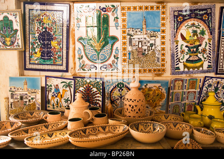 Traditional pottery is displayed in a shop the village of Guellala on the island of Djerba, Tunisia. Stock Photo