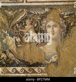 SEPPHORIS - DETAIL OF A LATE ROMAN MOSAIC FLOOR, BEAUTIFULLY DEPICTING A WOMAN'S HEAD NAMED "THE MONALISA OF GALILEE" Stock Photo