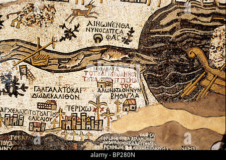 DETAIL OF THE MOSAIC FLOOR OF THE 5TH. C. AD CHURCH AT MADABA (TRANS JORDAN), SHOWING DETAILED MAP OF THE CITY  OF JERICHO AND Stock Photo