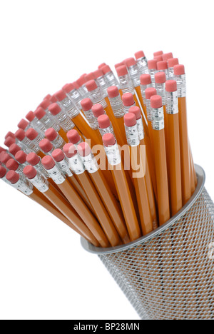 Wire Desktop Container Full Of Pencils, Isolated Over White Stock Photo