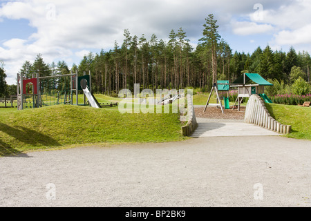 Falls of Shin visitor centre children's play area by the river shin near Lairg in the Scottish Highlands. Stock Photo