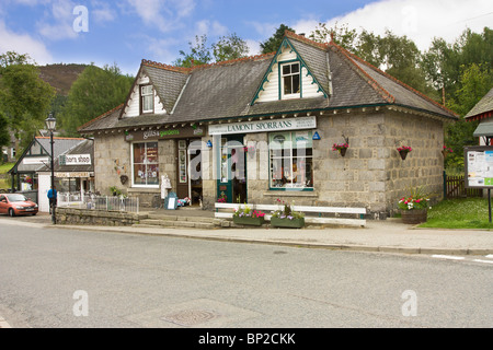 View of quaint shops in the Scottish Highland town of Braemar near Balmoral Castle. Stock Photo