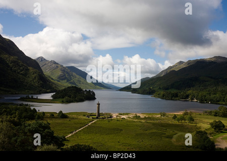 Tourists on Glenfinnan Monument built where Scottish Jacobite Bonnie Prince Charlie first raised his rebel standard in 1745. Stock Photo