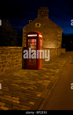 Public phone box at New Lanark, the industrial revolution community village managed by social pioneer Robert Owen. Stock Photo