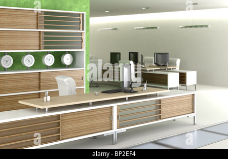 3D scene of a modern office environment in greenm white and wood material Stock Photo