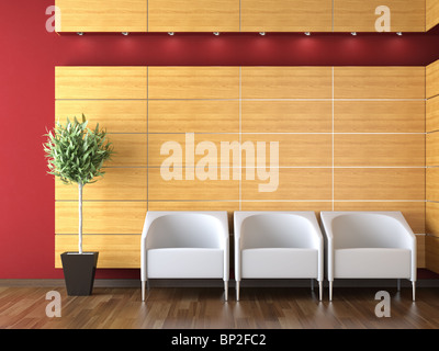 interior design of modern reception with three armchairs on a wood clad wall and plant Stock Photo