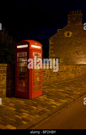 Public phone box at New Lanark, the industrial revolution community village managed by social pioneer Robert Owen. Stock Photo