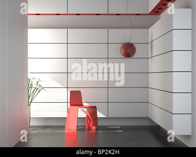 interior design of modern composition with red chair and lamp in white and black wall and floor Stock Photo