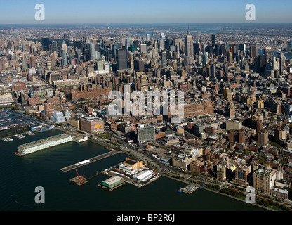 aerial view above Hudson River greenway skyline midtown Manhattan New York city Stock Photo