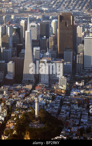aerial view above Coit Tower Transamerica Pyramid Bank of America building San Francisco California Stock Photo