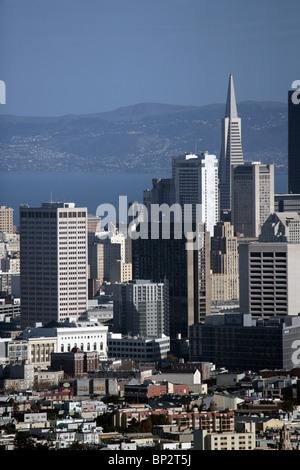 aerial view above Transamerica pyramid skyline San Francisco California Stock Photo