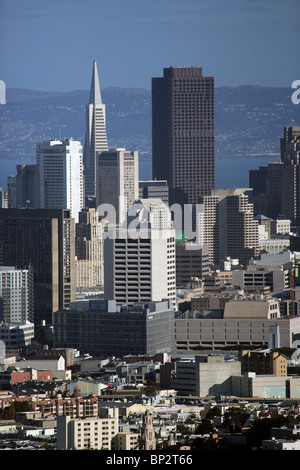 aerial view above Bank of America tower Transamerica pyramid skyline San Francisco California Stock Photo