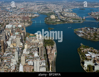 aerial view above East river upper east side Manhattan New York city Stock Photo