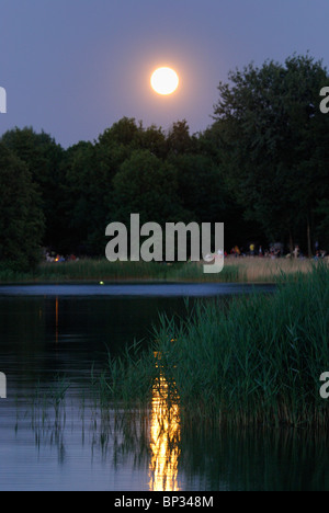 Midsummer night. Full moon over the lake, BUGA Park, Britzer Garten, Bundesgartenschau Park, Britz, Neukoelln, Berlin, Germany. Stock Photo