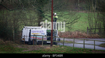 A British Telelcom engineer works up a telegraph pole in the Sussex countyside. Picture by James Boardman. Stock Photo