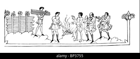 Black and White Illustration; The Anglo-Saxon Calendar; November; Group around a fire; Source; MS Cotton Julius A vi; Stock Photo