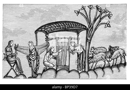 Black and White Illustration; Women weaving 12th century; Stock Photo