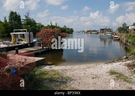 Docked fishing boats during shrimping season in Hopedale, Louisiana during 2010 BP Oil Spill. Stock Photo