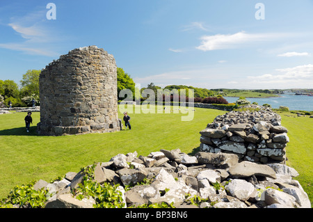 Stump of the Round Tower inside massive walls of Nendrum Monastery, Mahee Island, Strangford Lough, Co. Down, Northern Ireland Stock Photo