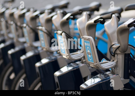 Row of bicycles, Barclays TFL Cycle Hire Scheme docking station, London, United Kingdom Stock Photo