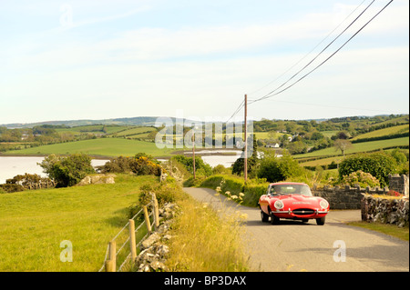 Strangford Lough at Killinchy, Co. Down, Northern Ireland. E-type Jaguar motorcar driving on country lane. Stock Photo