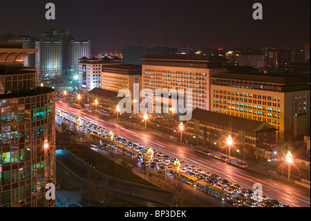 China, Beijing, Chongwen District. Jianguomennei Dajie during evening rush hour overhead view. Stock Photo