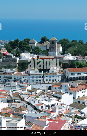 View across the town towards the sea, pueblo blanco, Mijas, Costa del Sol, Malaga Province, Andalucia, Spain, Western Europe. Stock Photo