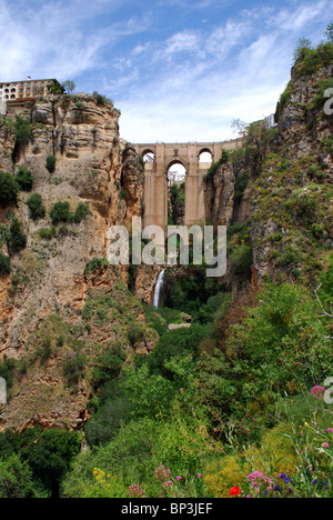 New bridge (Puente Nuevo) seen from within the gorge, Ronda, Malaga Province, Andalucia, Spain, Western Europe. Stock Photo