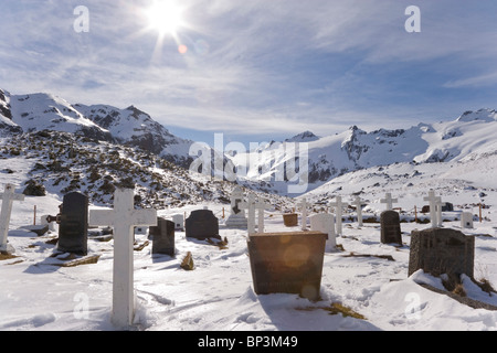 UK Territory, South Georgia Island, Leith Harbour. Sunshine on whaler's cemetery. Stock Photo