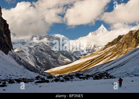 Bhutanese Guide at Sophu Lake with view of Mt. Jichu Drake on Jhomalari trek, Bhutan. Stock Photo