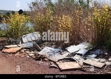Fly tipping rubbish by a country lane with invasive plant species Japanese Knotweed (Fallopia japonica) in Wales, UK, Britain Stock Photo