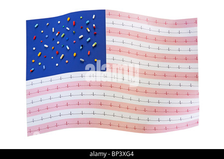 American Flag with pills as stars and EKG as stripes Stock Photo